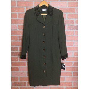 Vintage Kasper A.S.L Petite Sheath Dress Green Leopard Print Collar & Cuffs Size